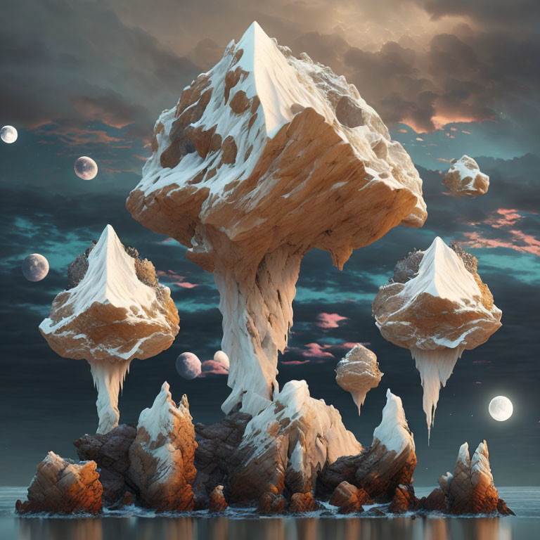 Floating rock formations and snowy peaks in surreal landscape with bubbles