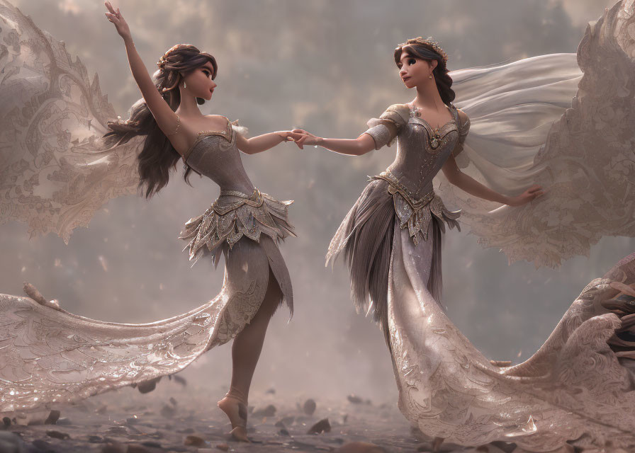 Animated characters in elegant dresses dancing in misty backdrop