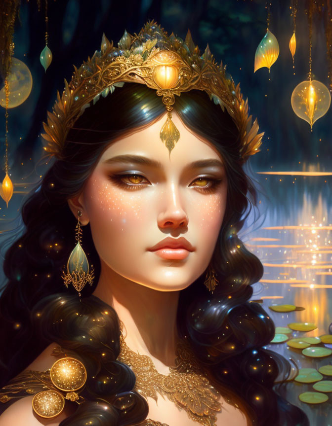 Fantasy queen with golden crown in enchanted forest setting