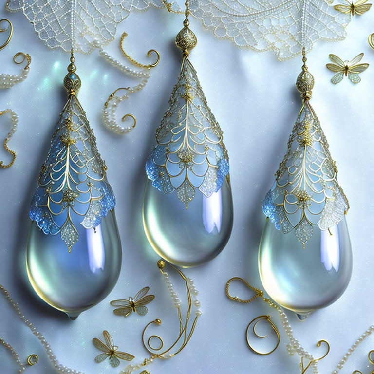 Blue Teardrop Earrings with Gold Detailing and Lace Patterns