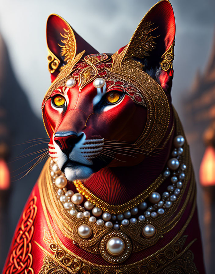 Regal anthropomorphic feline with golden headgear in moody setting