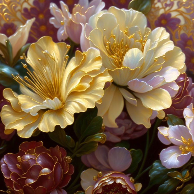 Close-Up of Lush Golden Flowers with Dewdrops Amid Purple and Red Blooms