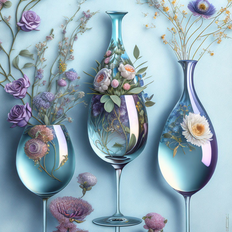 Three glass vases with flowers on blue background: purple hues & intricate designs