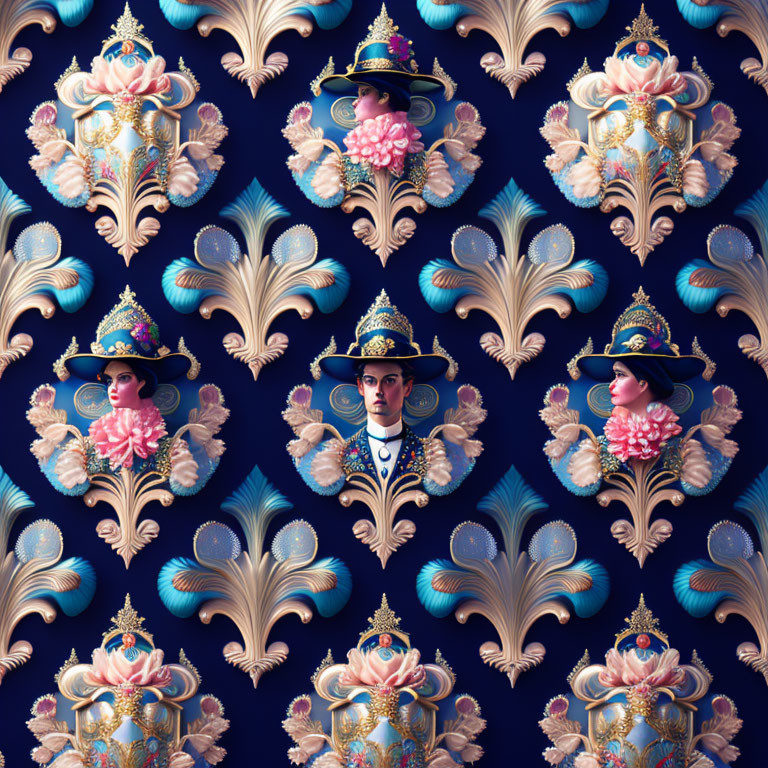 Intricate regal attire pattern with male and female characters on blue background