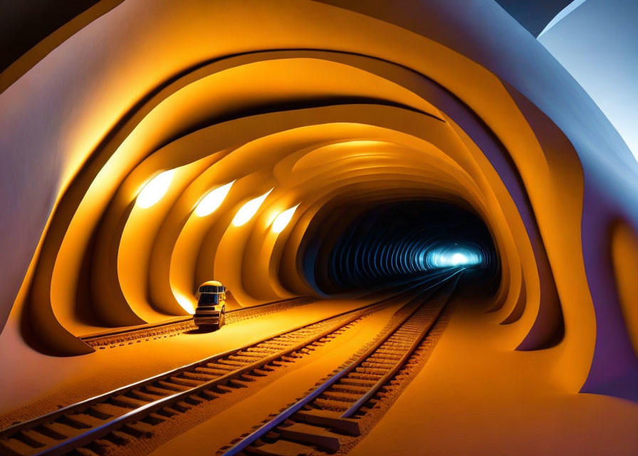 Futuristic train in brightly lit tunnel with orange and yellow walls