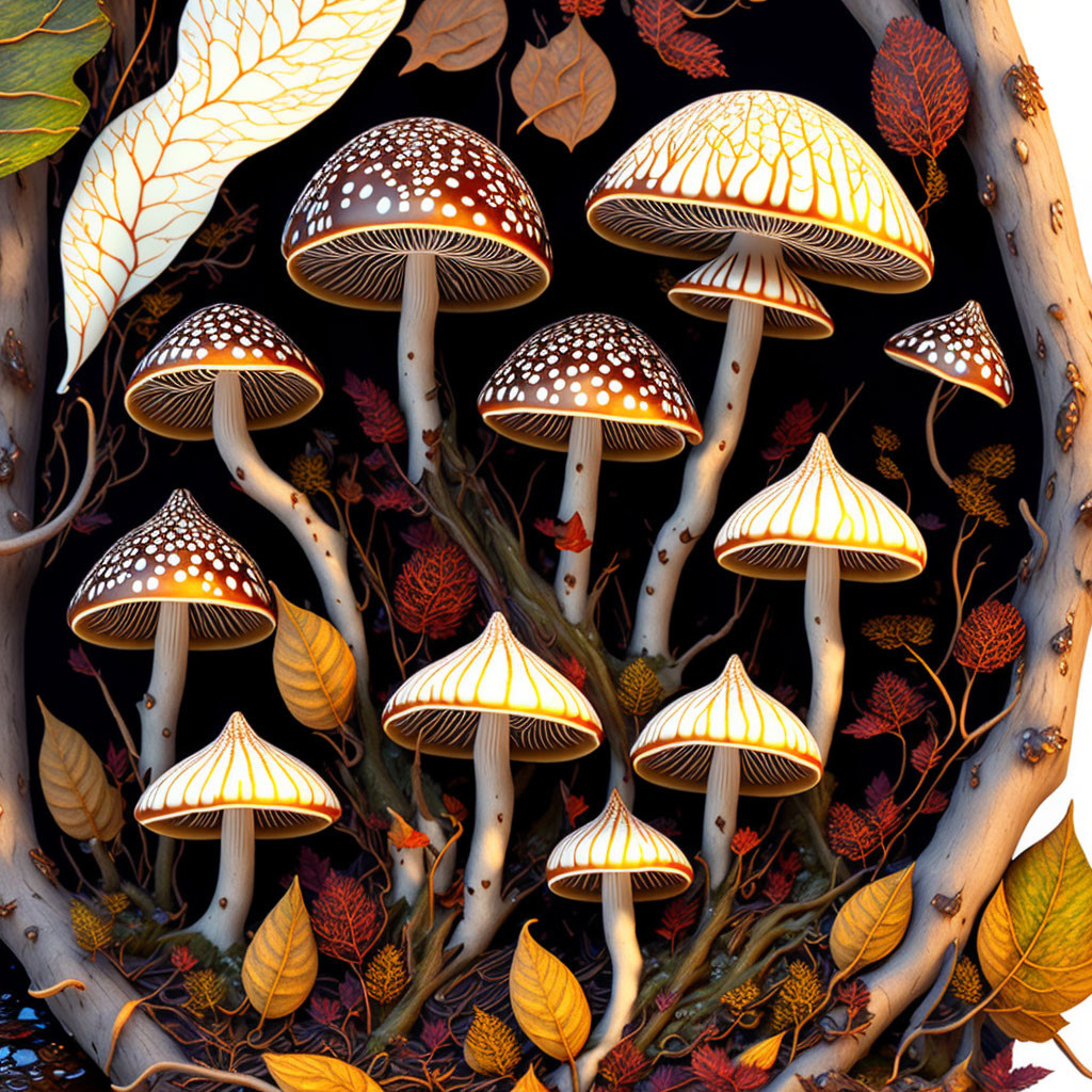 Colorful Illustrated Mushrooms Among Autumn Leaves and Foliage