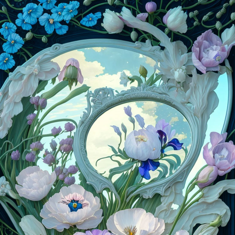 Vintage-style mirror reflecting sky with clouds and vibrant flowers: purple tulips, blue flora, and intricate