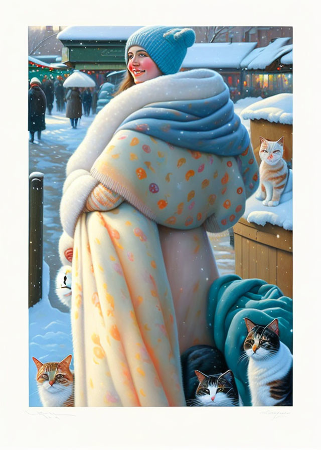 Person in Blue Hat Smiles Among Cats in Snowy Market