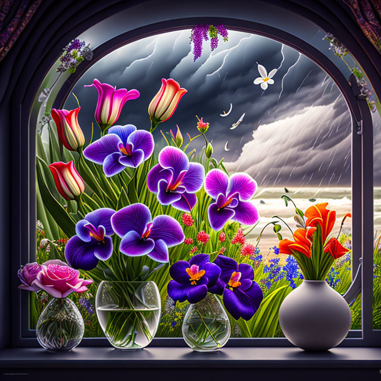 Vibrant flowers and butterfly in stormy weather scene