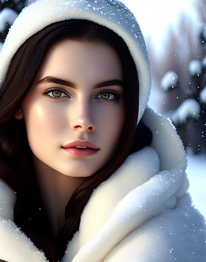 Woman with Hazel Eyes in White Hooded Coat Snow Scene