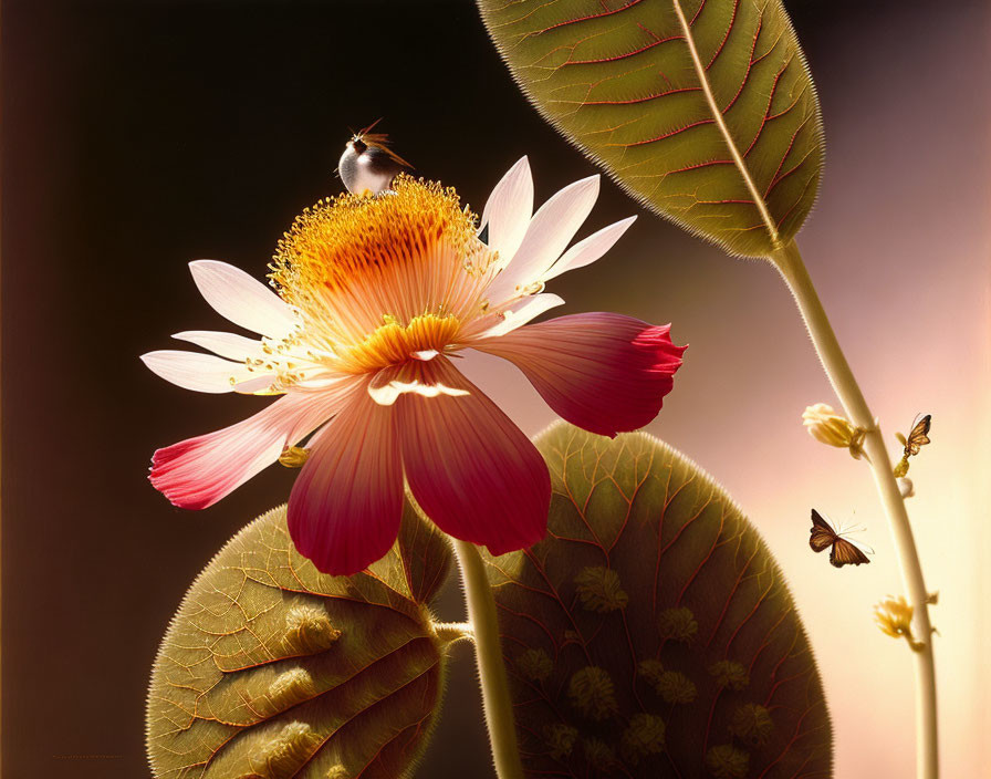 Bird perched on pink flower with butterfly and green leaves on warm background