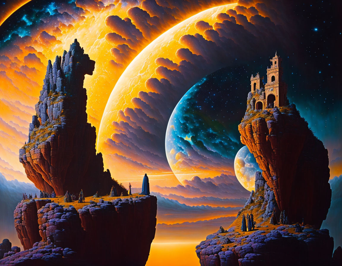 Fantasy landscape with towering rock formations and ancient bell tower overlooking giant planet rise.