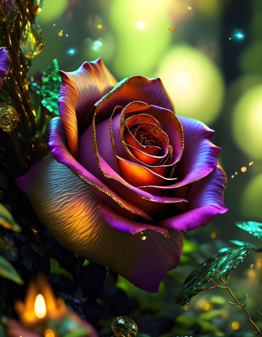 Colorful digitally-enhanced rose with red to purple gradient and gold edges on bokeh light backdrop