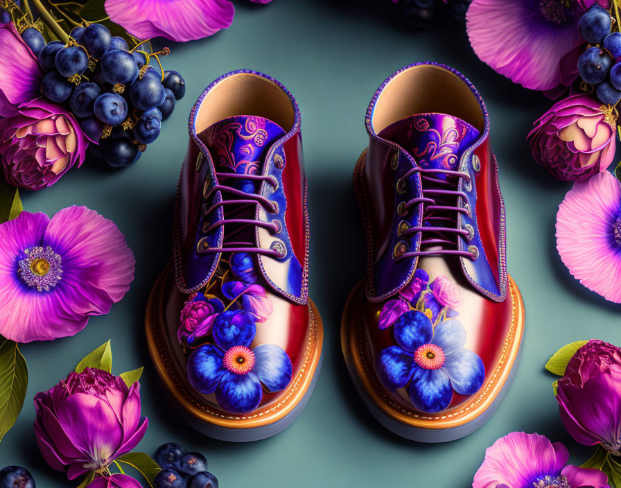 Patterned Boots with Flowers and Berries on Teal Background