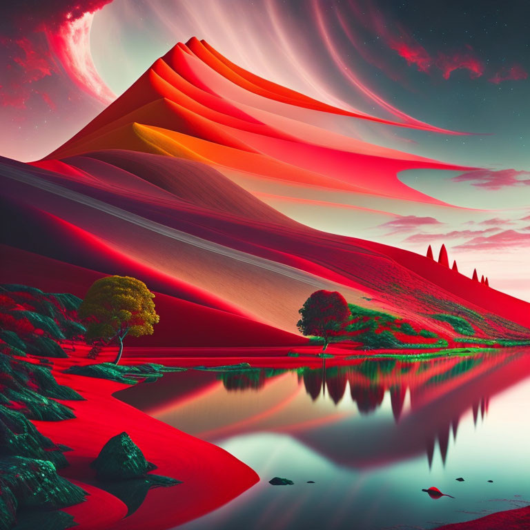 Surreal landscape with red sand dunes, water body, greenery, and wavy sky