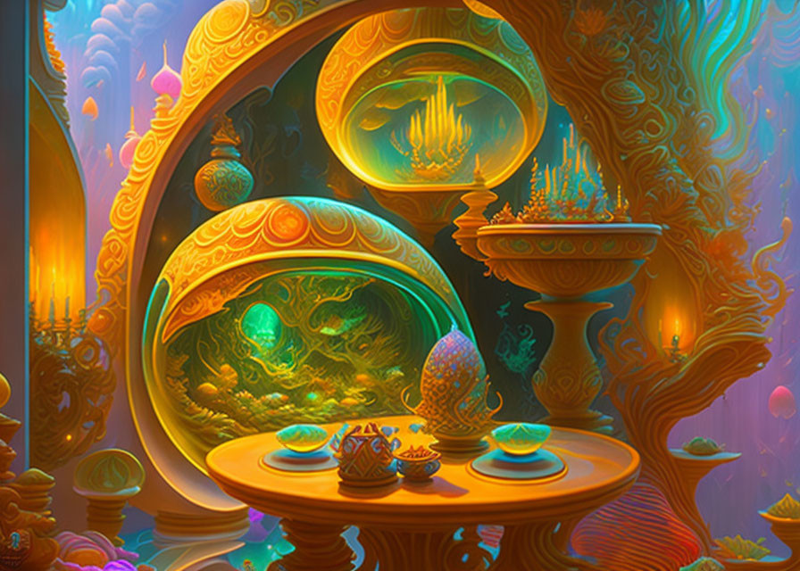 Colorful Fantasy Room with Ornate Mirror and Glowing Objects