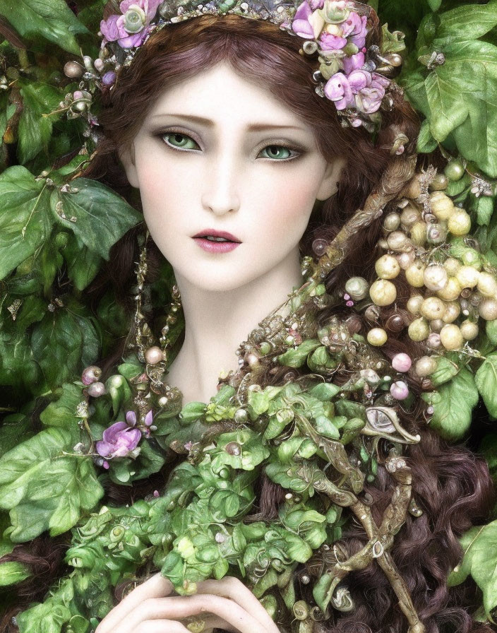 Fair-skinned woman with green eyes in floral wreath amidst lush greenery.