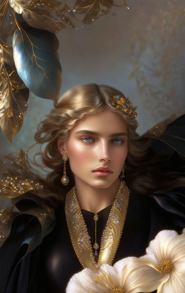 Portrait of a woman with blonde hair, blue eyes, gold jewelry, and crown amidst golden leaves and