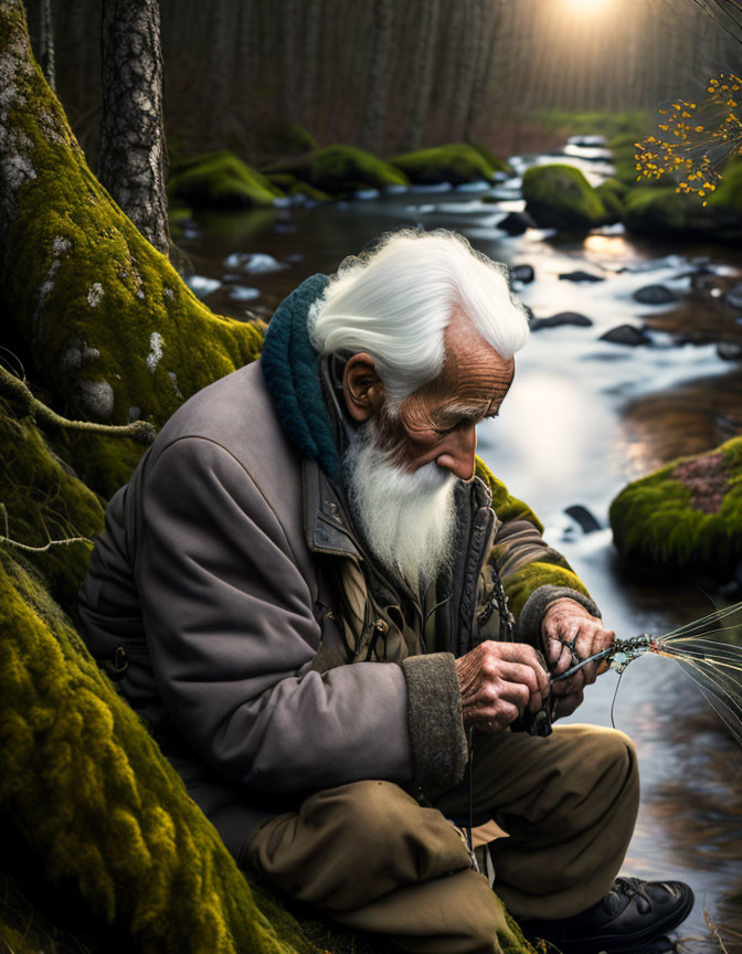 Elderly man with white beard fishing by forest stream