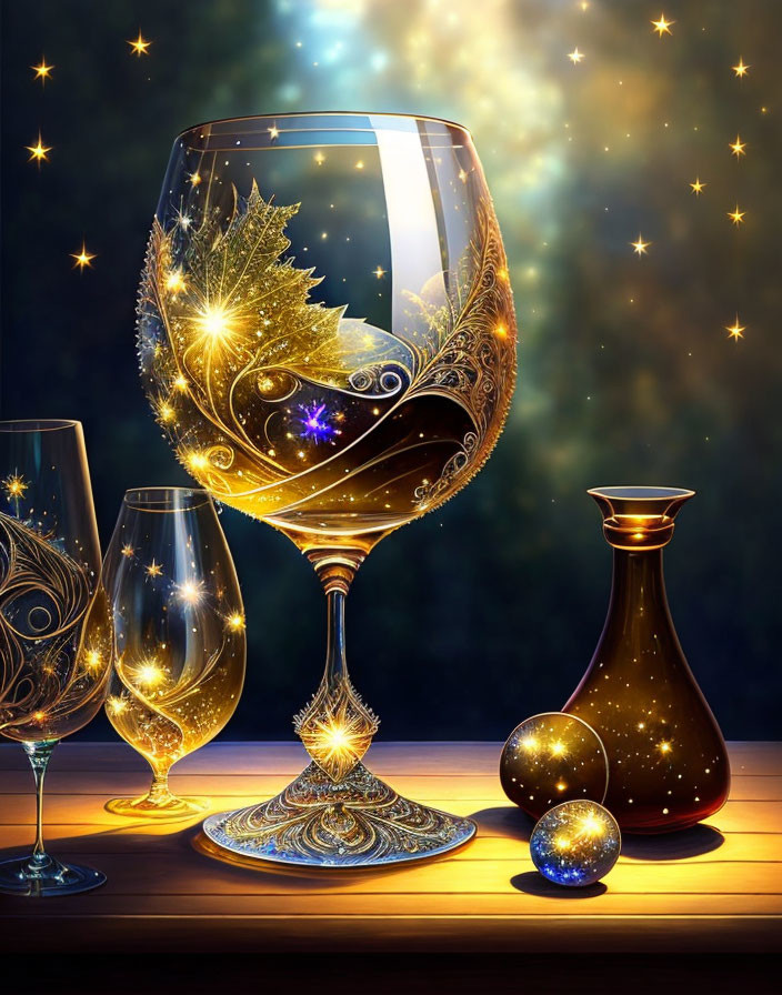 Golden embellished glass and decanter set in magical forest scenery