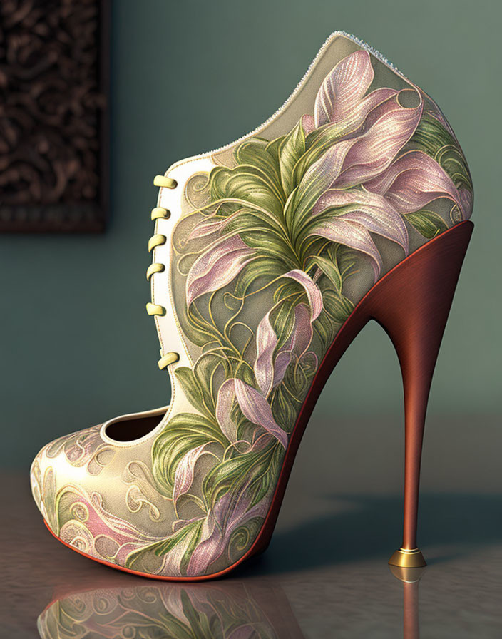 Floral Pattern High-Heeled Shoe with Metallic Stiletto Heel