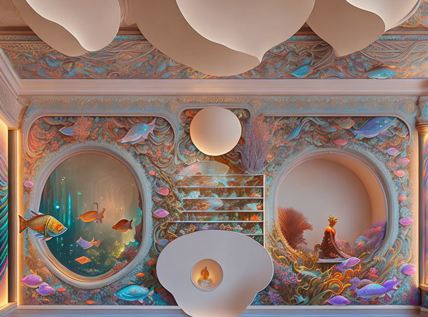 Surreal Decor in Ornate Room with Aquarium Walls and Whimsical Ceiling Art