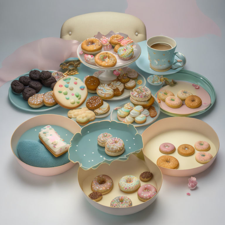 Assorted Colorful Desserts on Pastel Stands with Tea