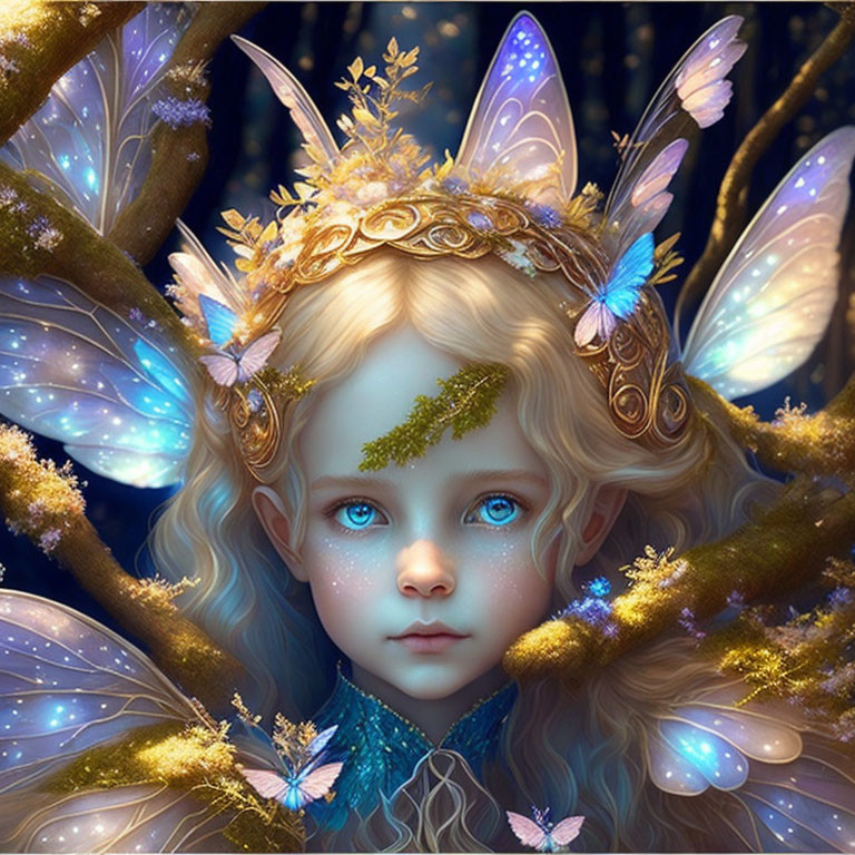 Fairy with blue eyes, golden hair, butterfly wings, surrounded by luminous butterflies