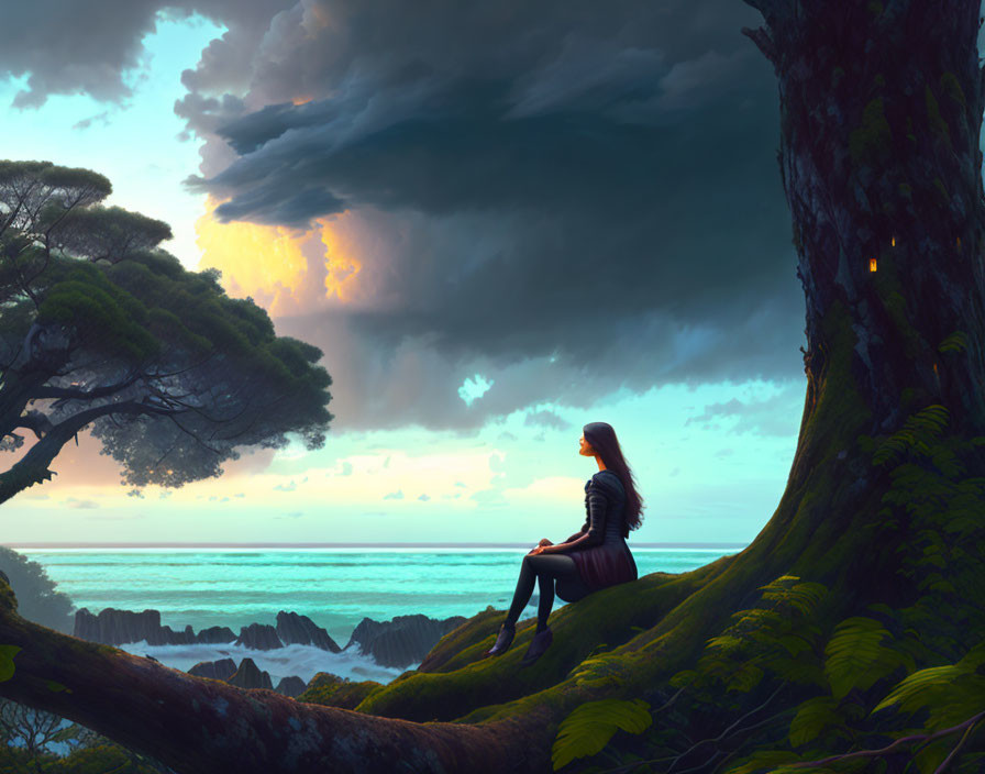 Woman on tree branch gazes at sea in forest with dramatic sky