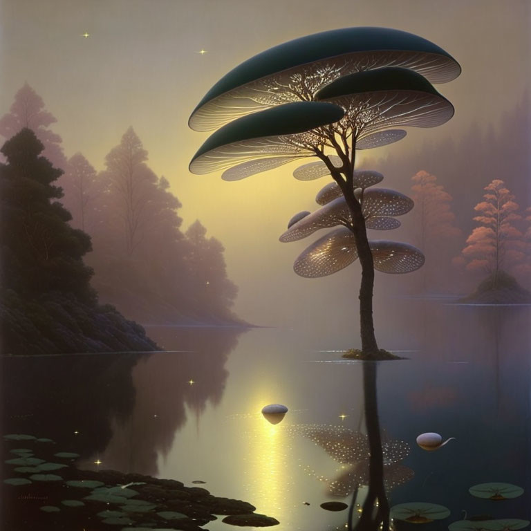 Fantastical illuminated tree over serene lake at twilight