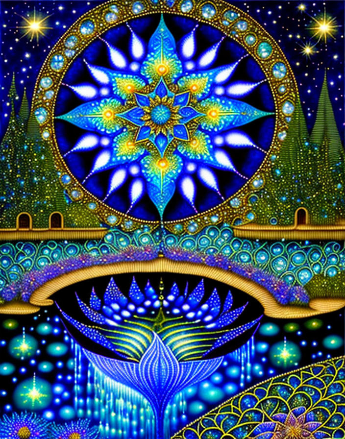 Colorful Mandala Artwork with Stars and Lotus Structure