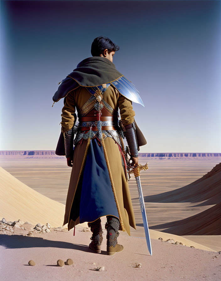 Medieval-style armored figure with sword in desert landscape