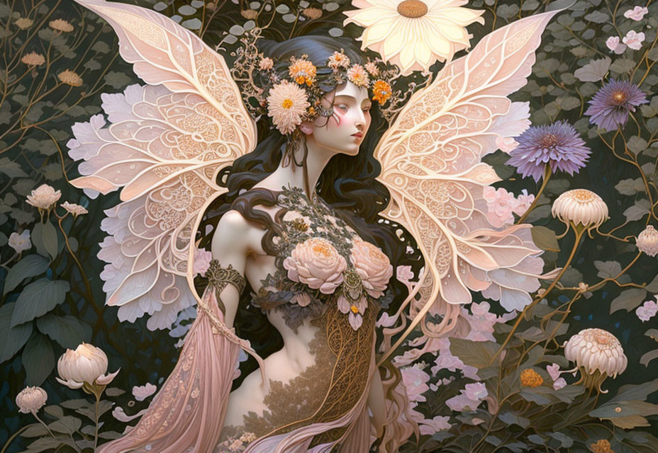 Ethereal woman with fairy wings in floral setting