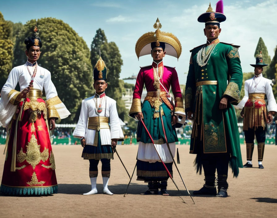 Four men in traditional royal attire standing on grassy field