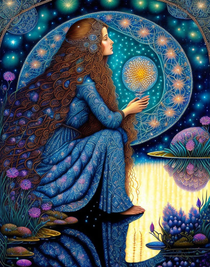 Woman with flowing hair in starry cloak beside luminous water and glowing orb in cosmic setting