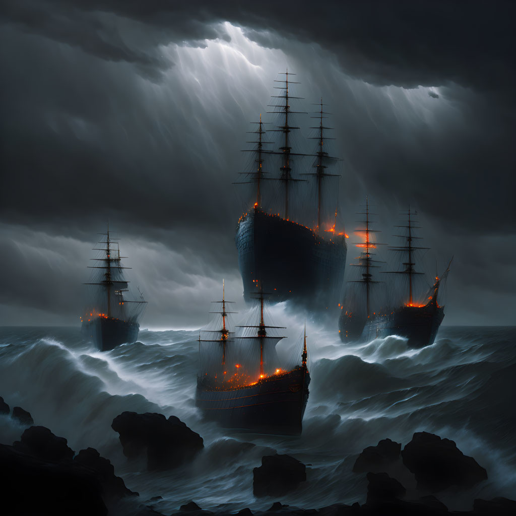 Ships with burning sails on stormy seas under brooding sky