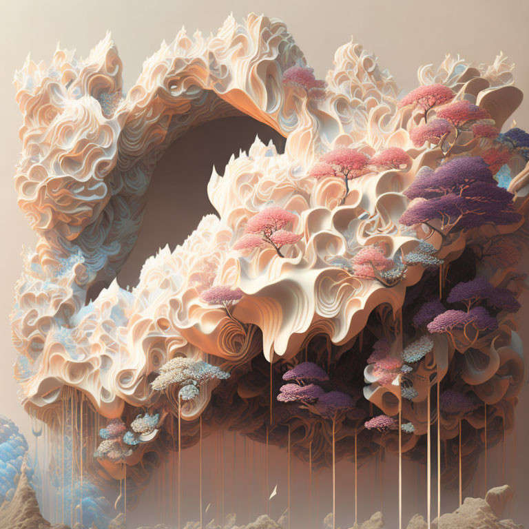 Surreal organic structure with flowing fabric layers in cream, pink, and purple