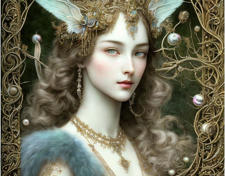 Fantasy portrait of woman with ornate gold headpiece and blue feathered attire.