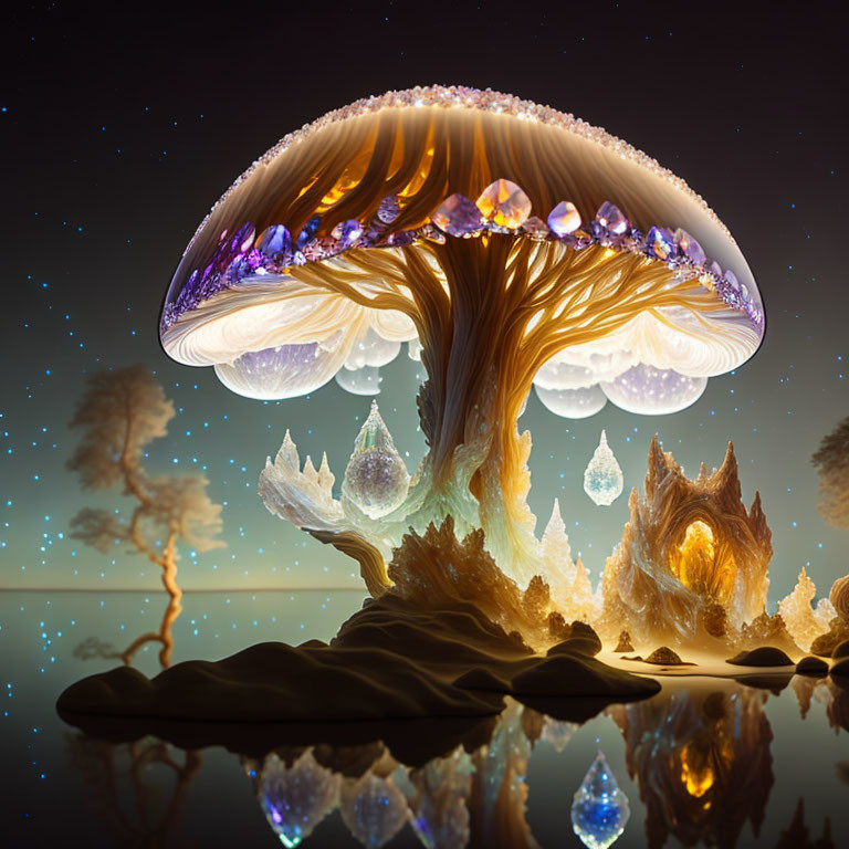 Glowing mushroom with crystal-adorned cap in dreamy landscape