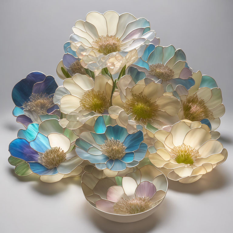 Translucent Multicolored Ceramic Flowers on Neutral Background