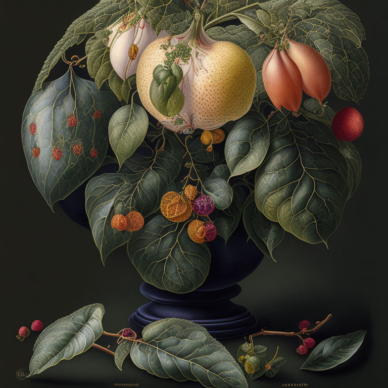 Realistic fruit and leaves in classical-style painting.