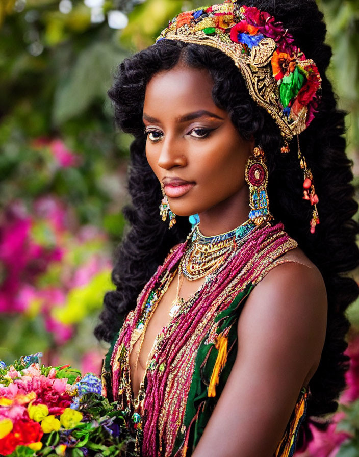 Elaborately adorned woman with vibrant headpiece and bouquet against green backdrop