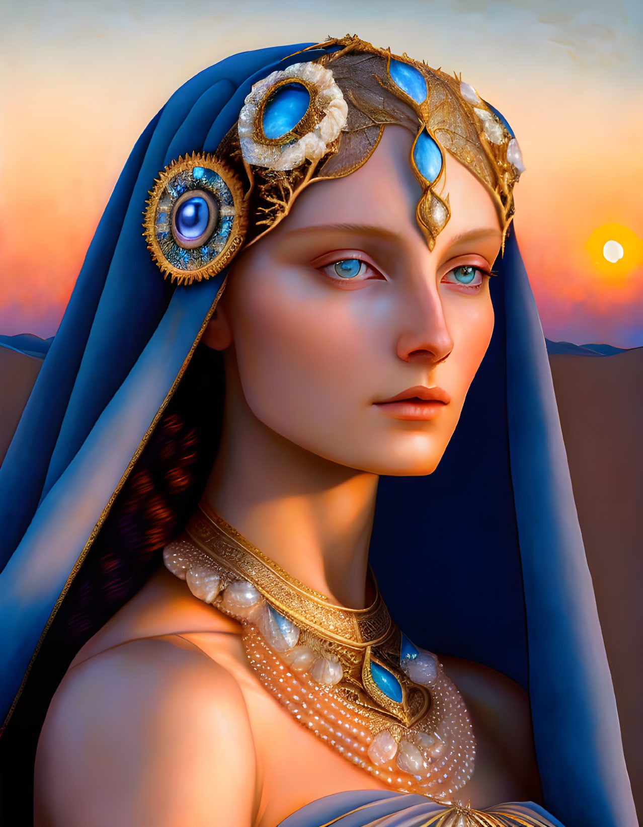 Regal woman with blue eyes in ornate headdress and gold jewelry on twilight sky