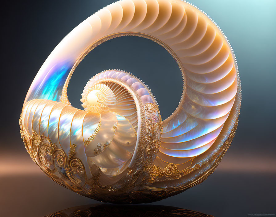 Detailed 3D Nautilus Shell Rendering with Iridescent Spiral and Golden Embellishments