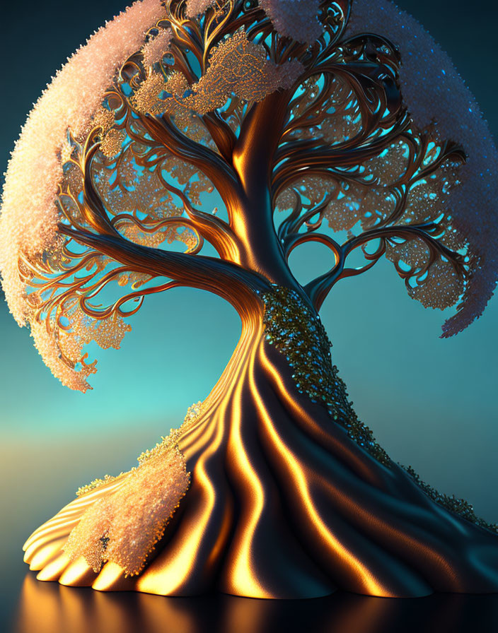 Golden tree with flowing trunk and fractal-like leaves on moody blue backdrop