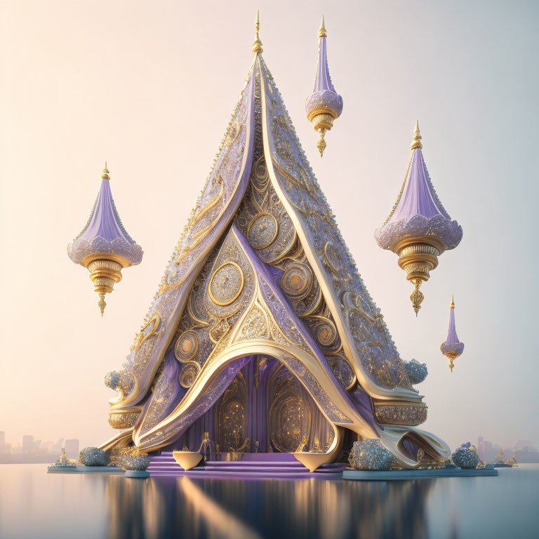 Ornate golden palace with purple spired rooftops in mystical setting