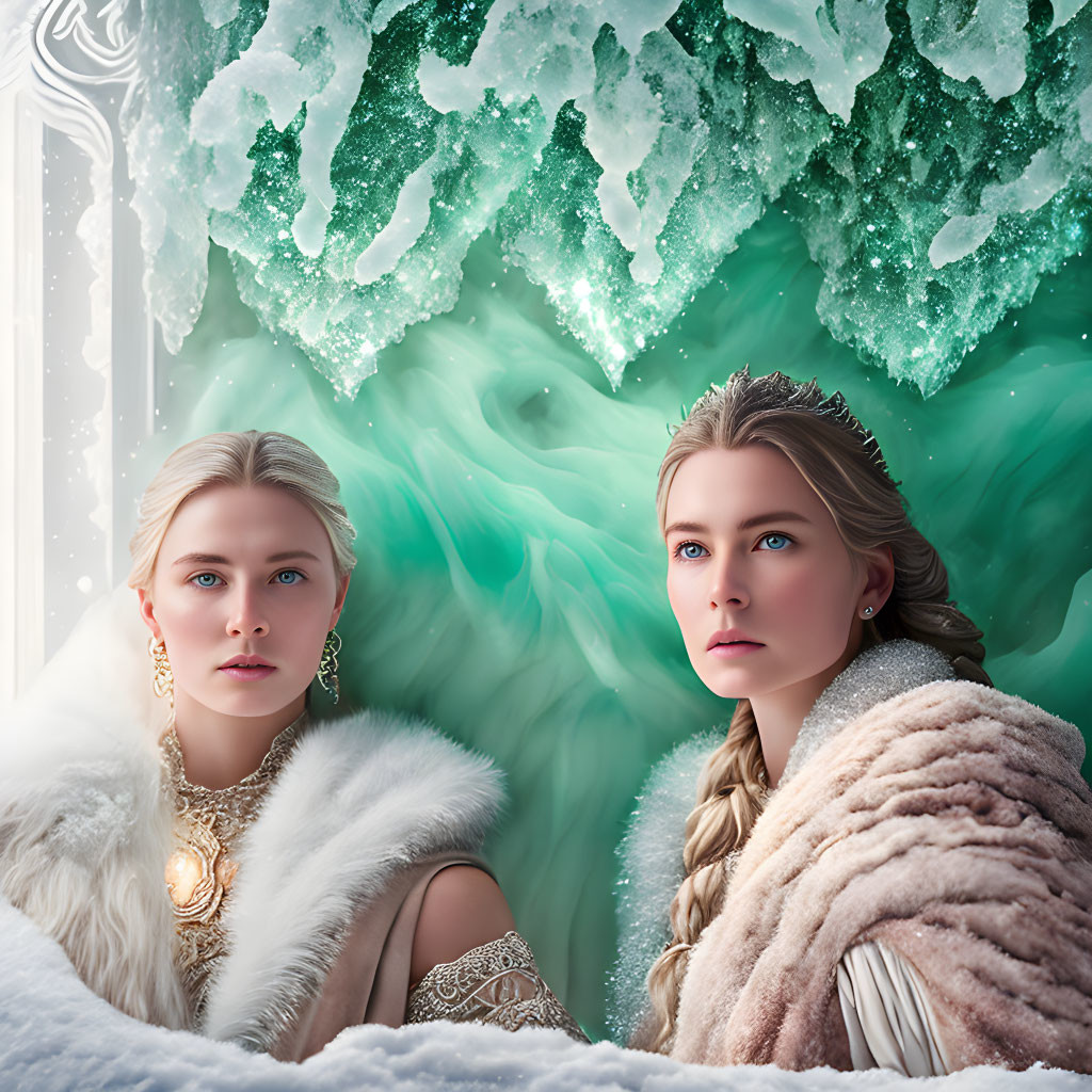 Two Women in White Fur Cloaks in Fantastical Icy Cave Setting