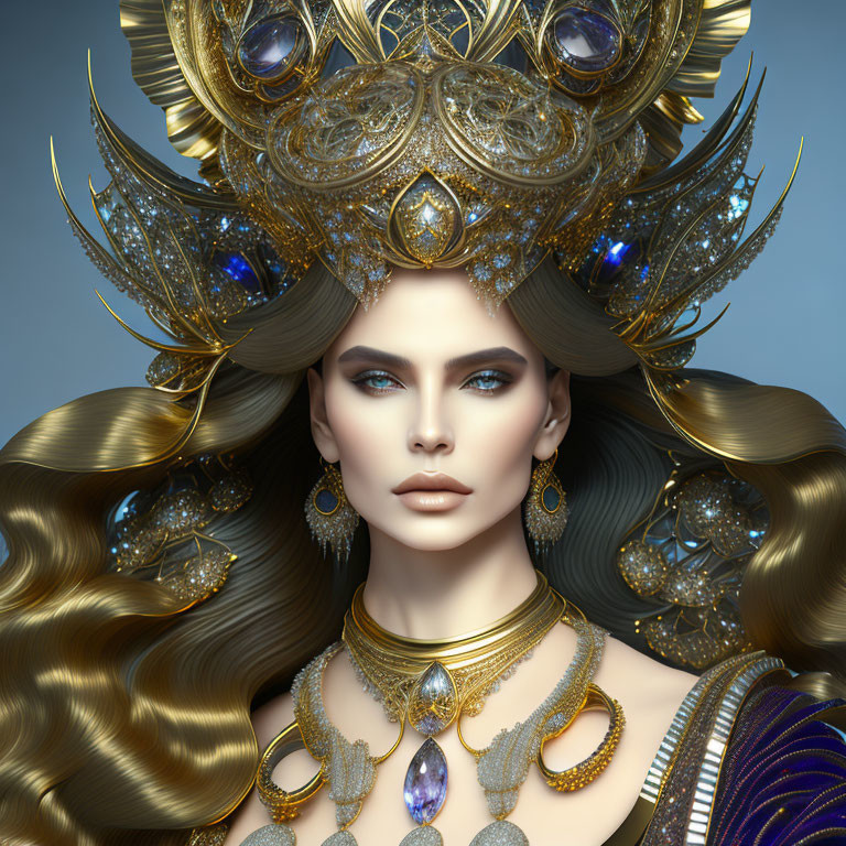 Regal woman with golden headdress and blue eyes