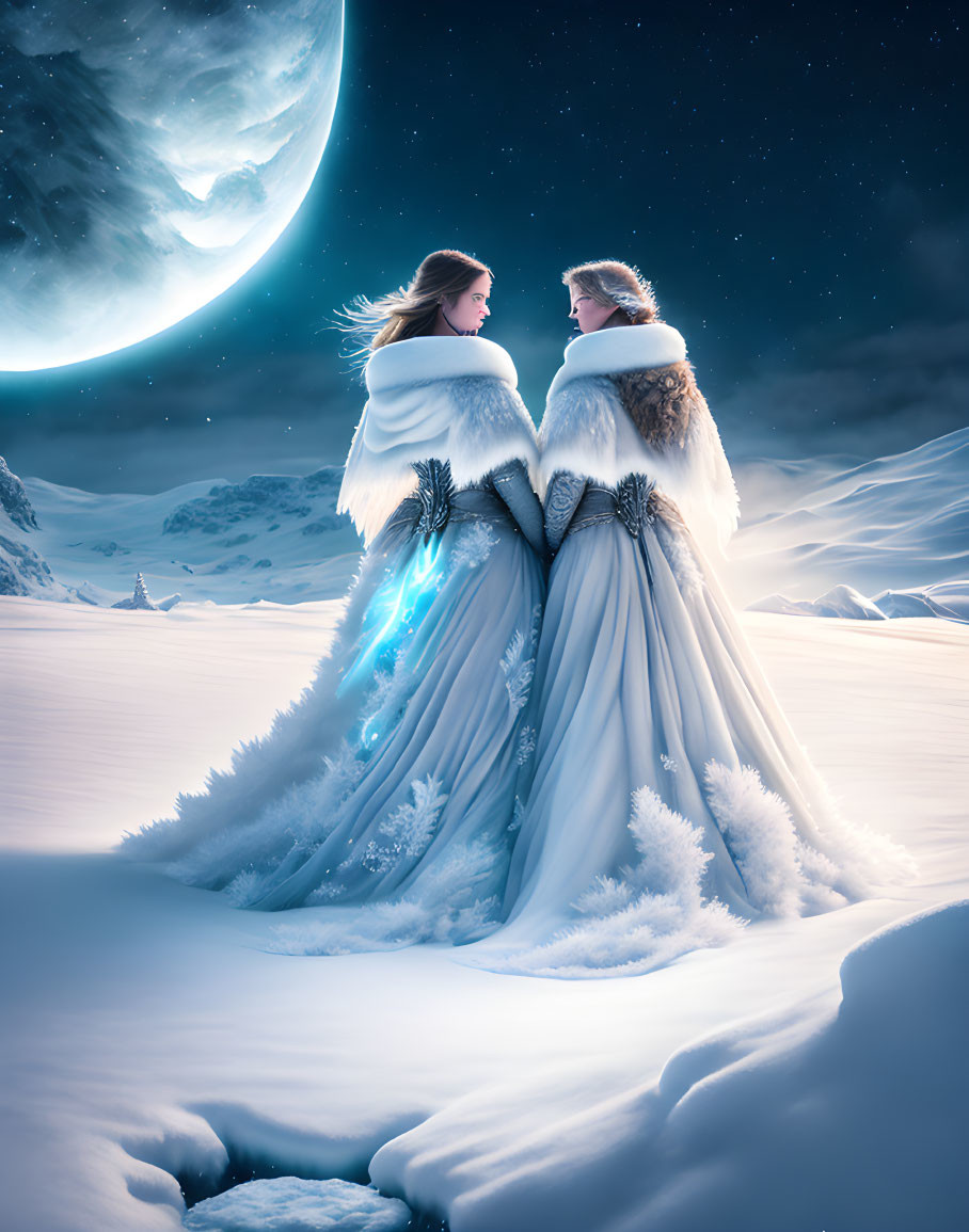 Figures in White Fur Cloaks Hold Glowing Blue Staffs on Snowy Landscape