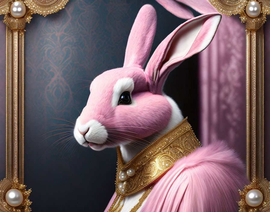 Regal anthropomorphic rabbit in ornate golden frame